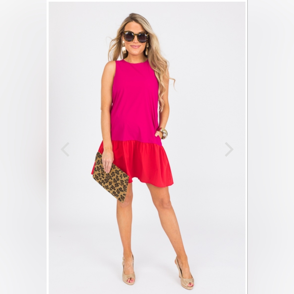 Nwt TCEC pink and red colorblock drop waist sleeveless dress with pockets